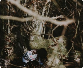 Child exploring outdoors in a wooded setting
